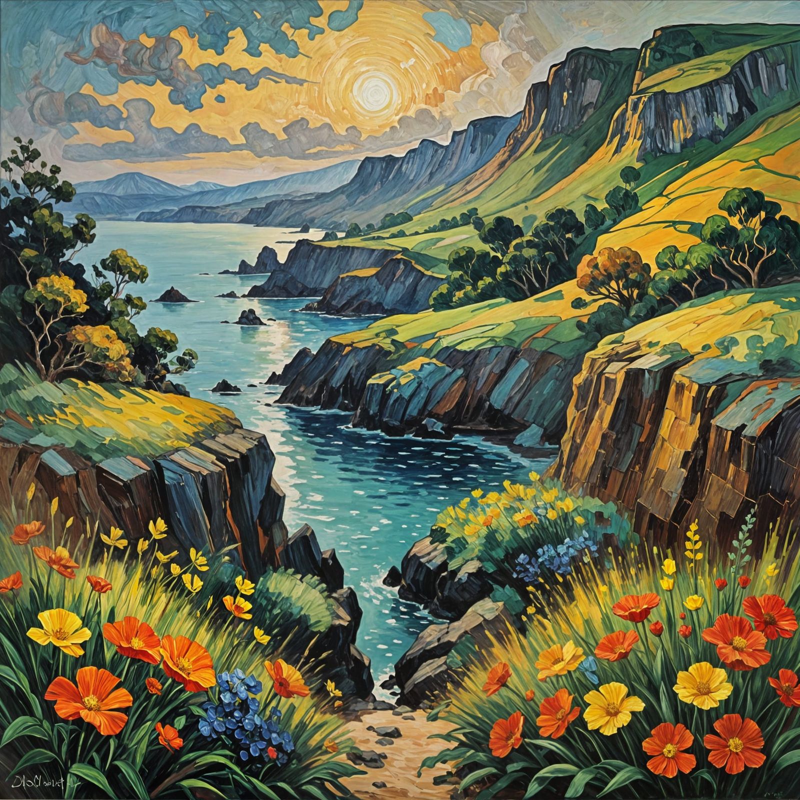 Neo-Impressionist Masterpiece: Volcanic Island Landscape