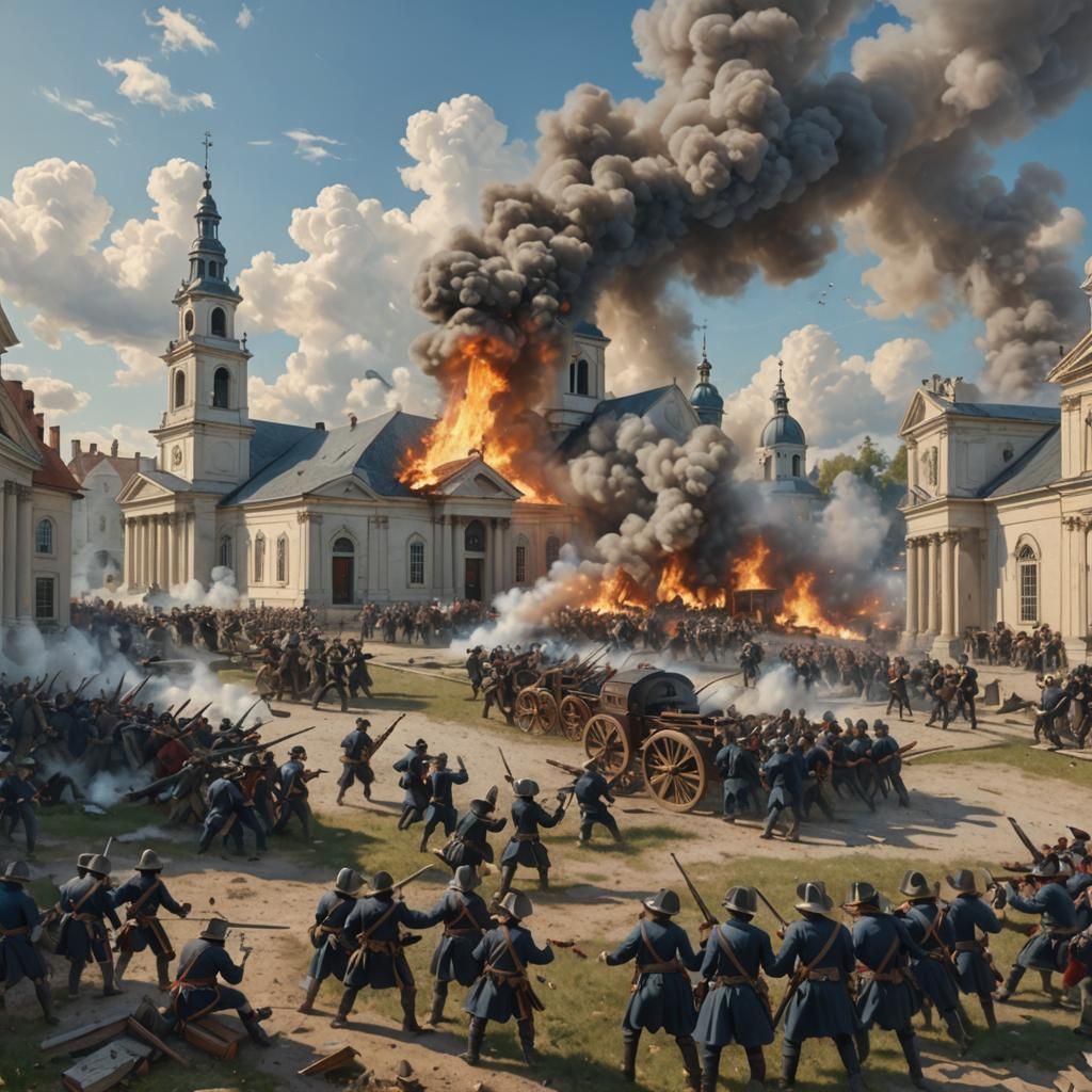 18th Century Skirmish in Front of Neoclassical Church