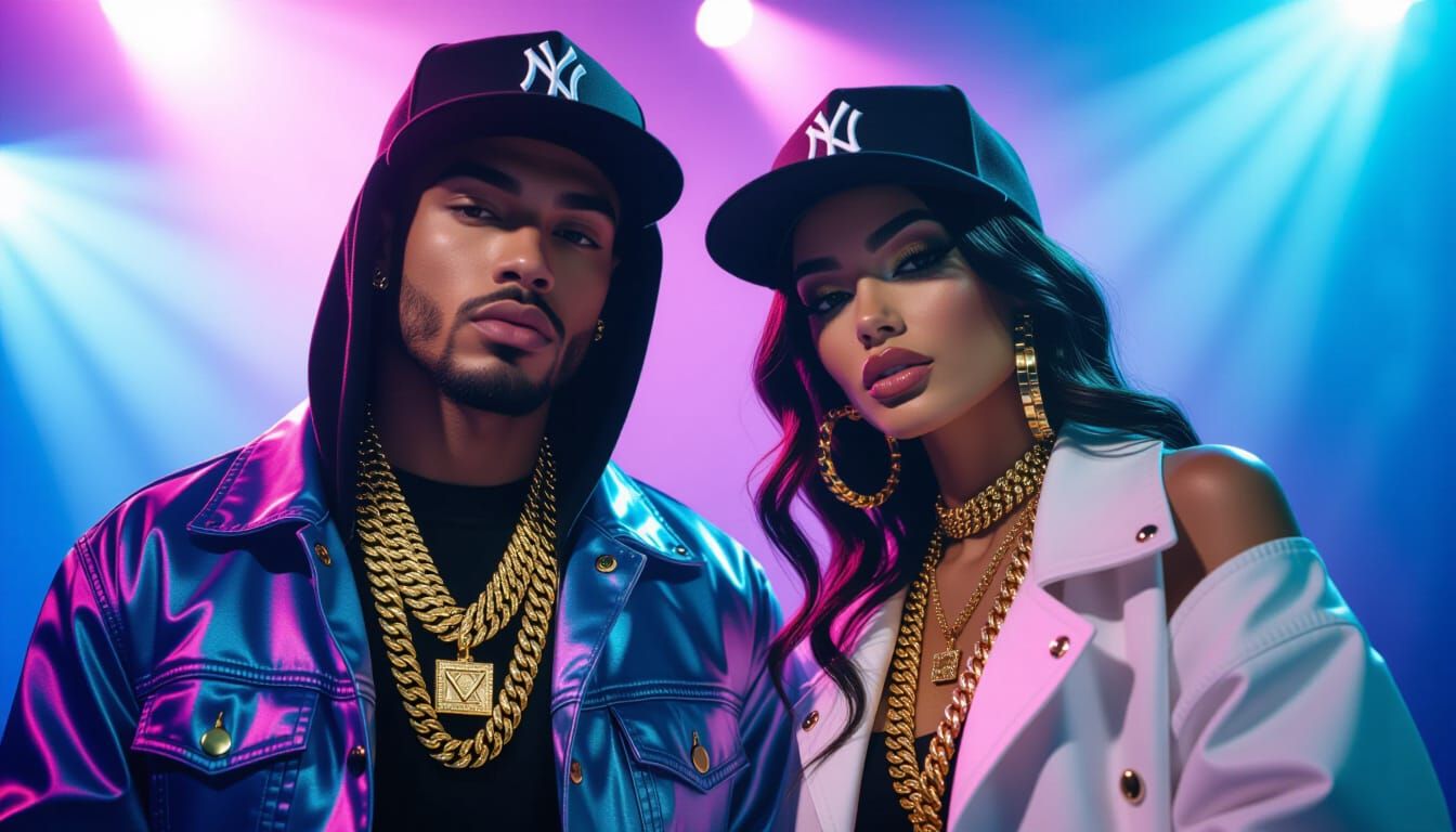 Stylish Hip-Hop Couple in Dynamic Stage Lights