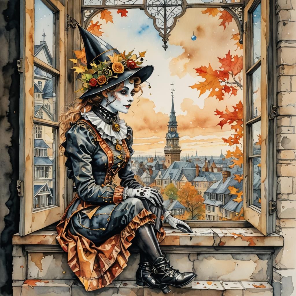 Harlequin Doll in Victorian Town, Steampunk Watercolor