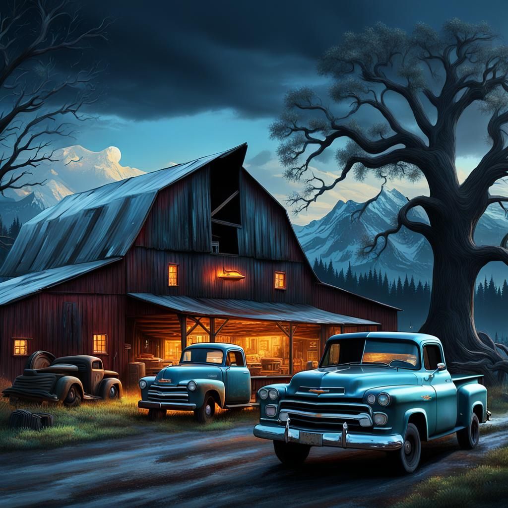 Barn and Chevy Truck in Bob Ross Style