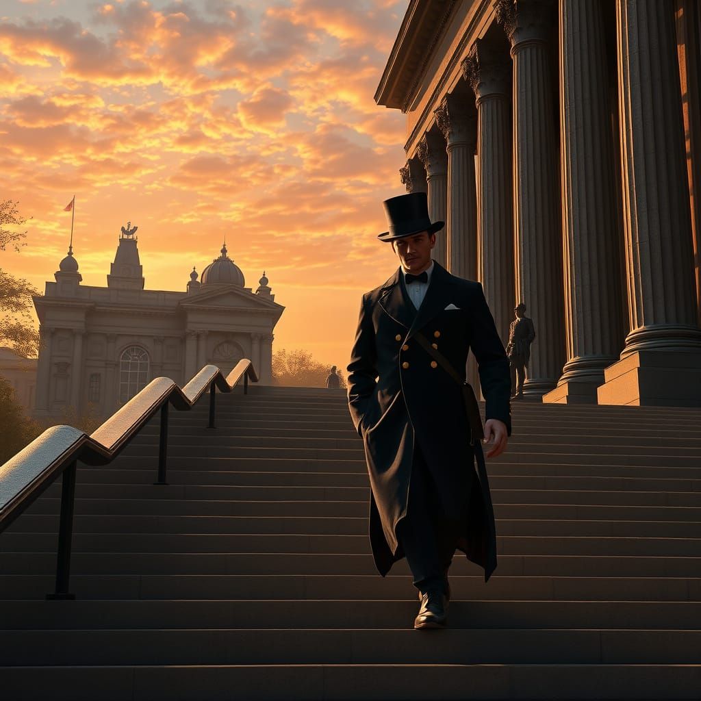 Elegant Gentleman Ascends Majestic Museum Steps in a Dreamli...