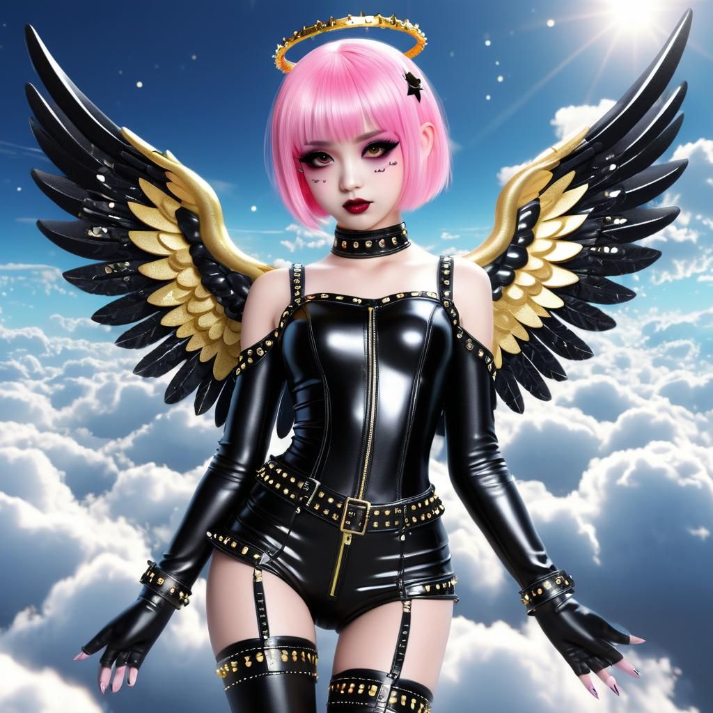 Goth Angel with Pink Hair and Golden Halo