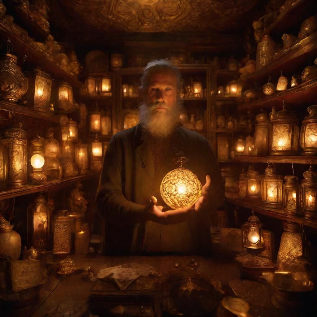 Mystical Shop Owner in Surreal Dreamlike Setting