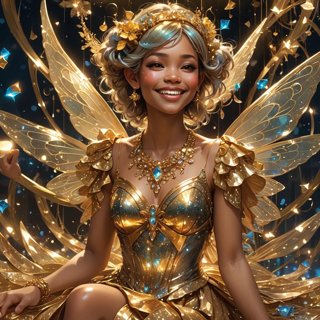 Glittering Fairy in Gold Dress, Art Nouveau Portrait