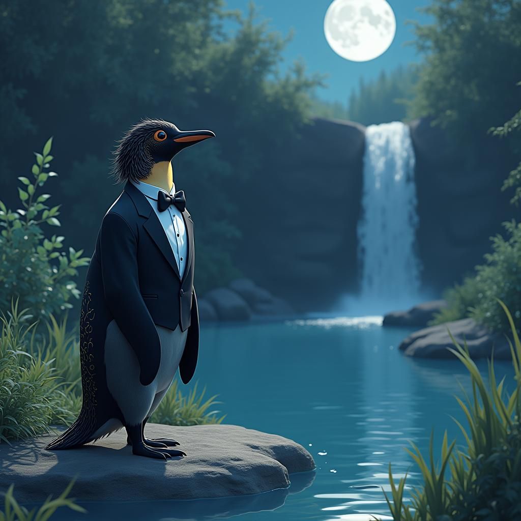 Penguin in Tuxedo at Moonlit Watering Hole