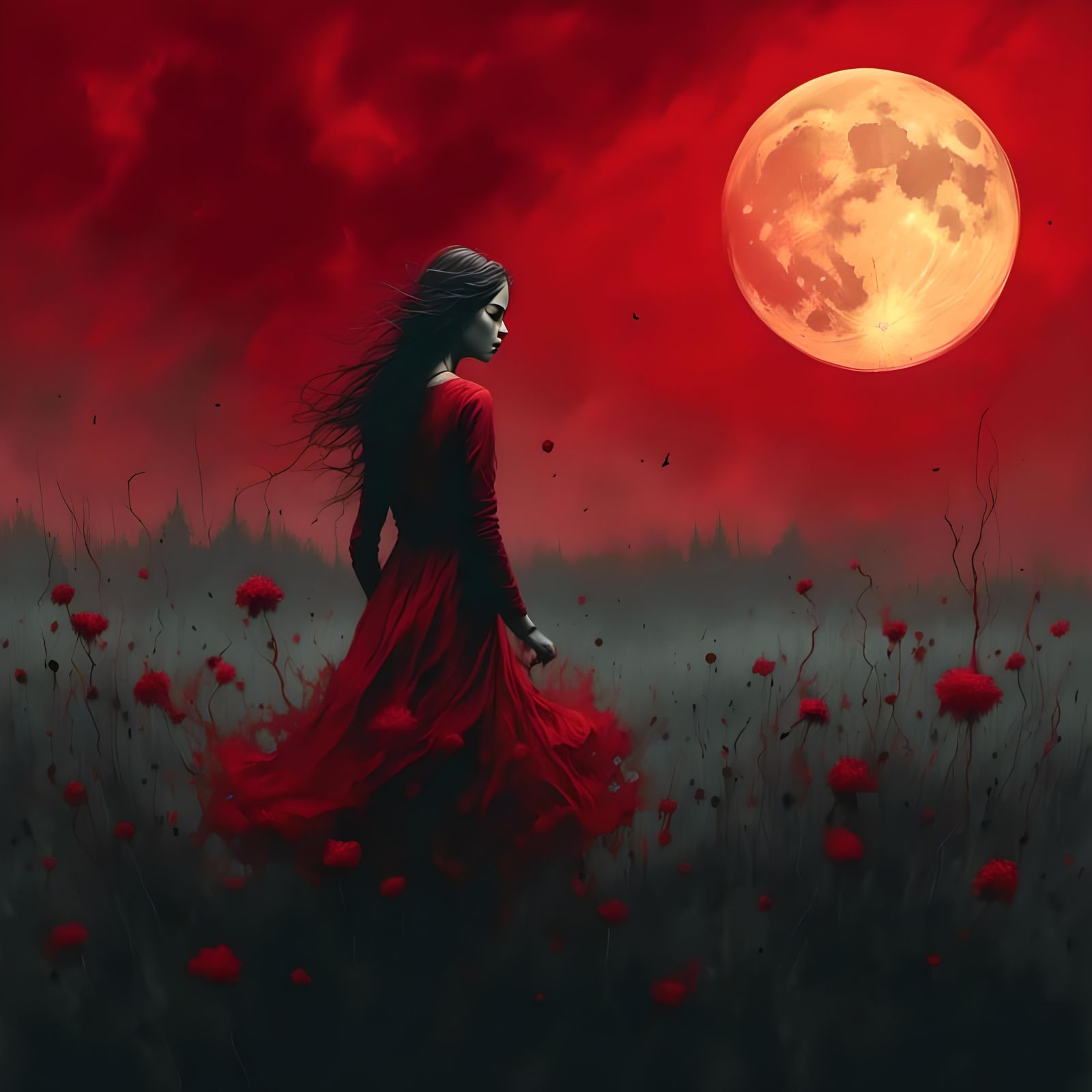 Moonlit Meadow Mystery: A Crimson Nightscape