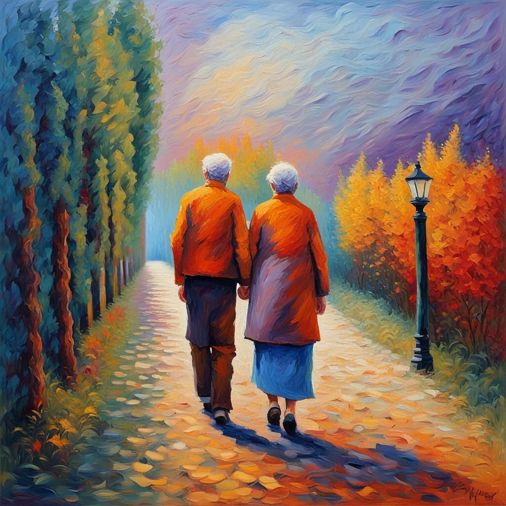 Elderly Couple's Neo-Impressionist Walk to Eternity