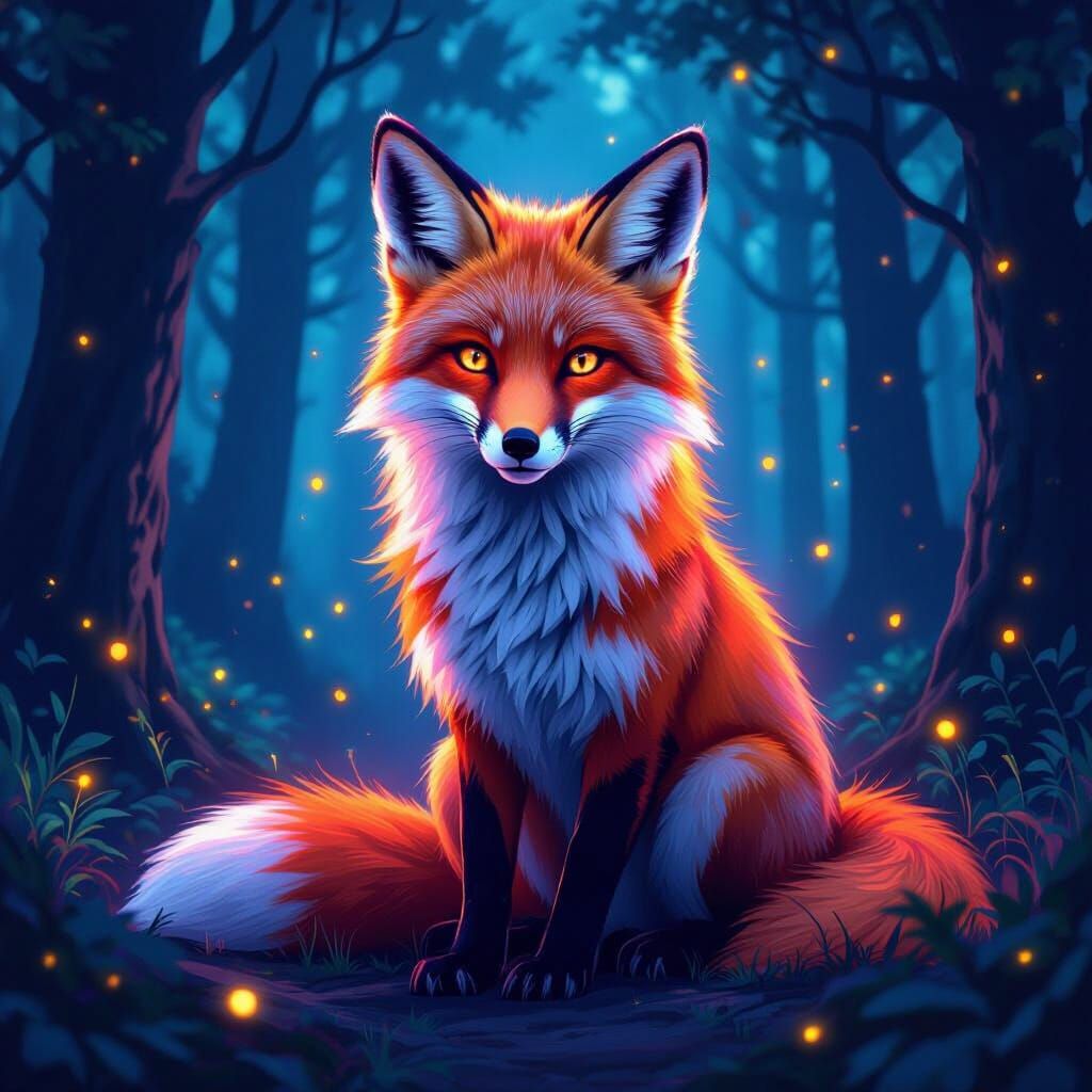 Neon Fox in Mystical Forest, Cyberpunk Realism
