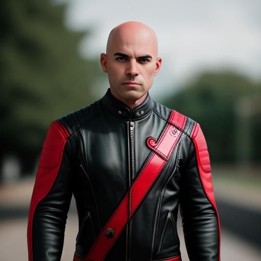 Handsome Biker in Red and Black Leather Suit
