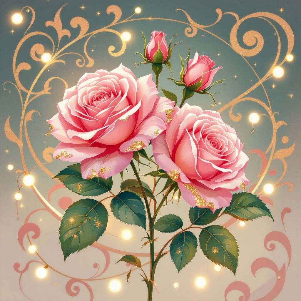 Pink Roses with Gold Glitter in Art Nouveau Style