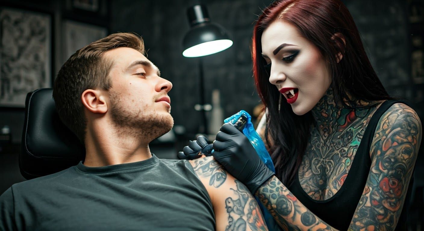 Vampire Tattoo Artist Captivates Client with Her Ink