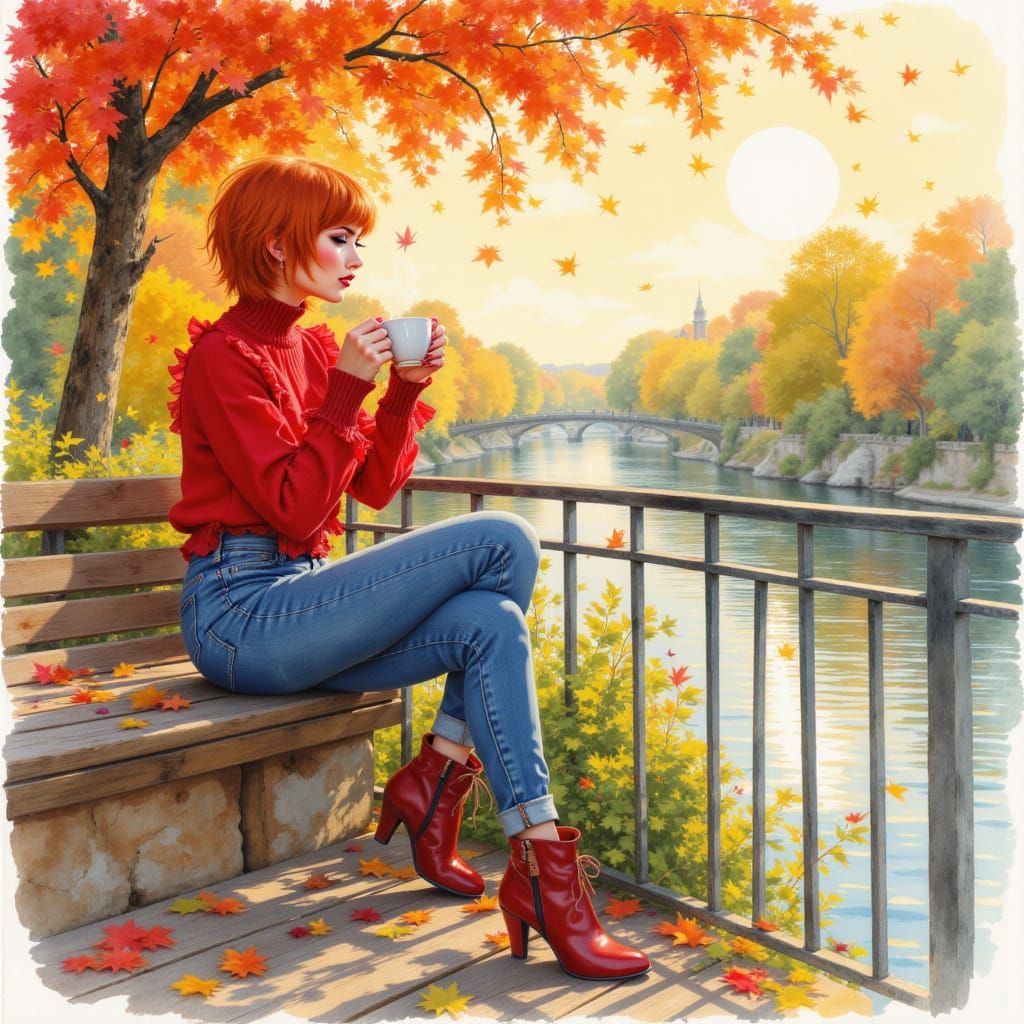 Woman Enjoys Autumn Day on Bar Terrace