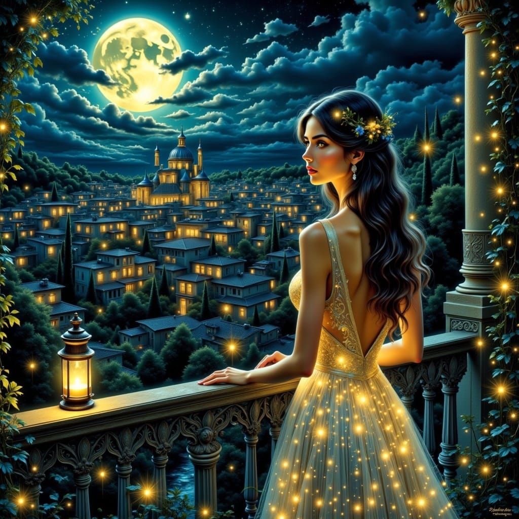 Woman on Moonlit Balcony in Comic Art Style