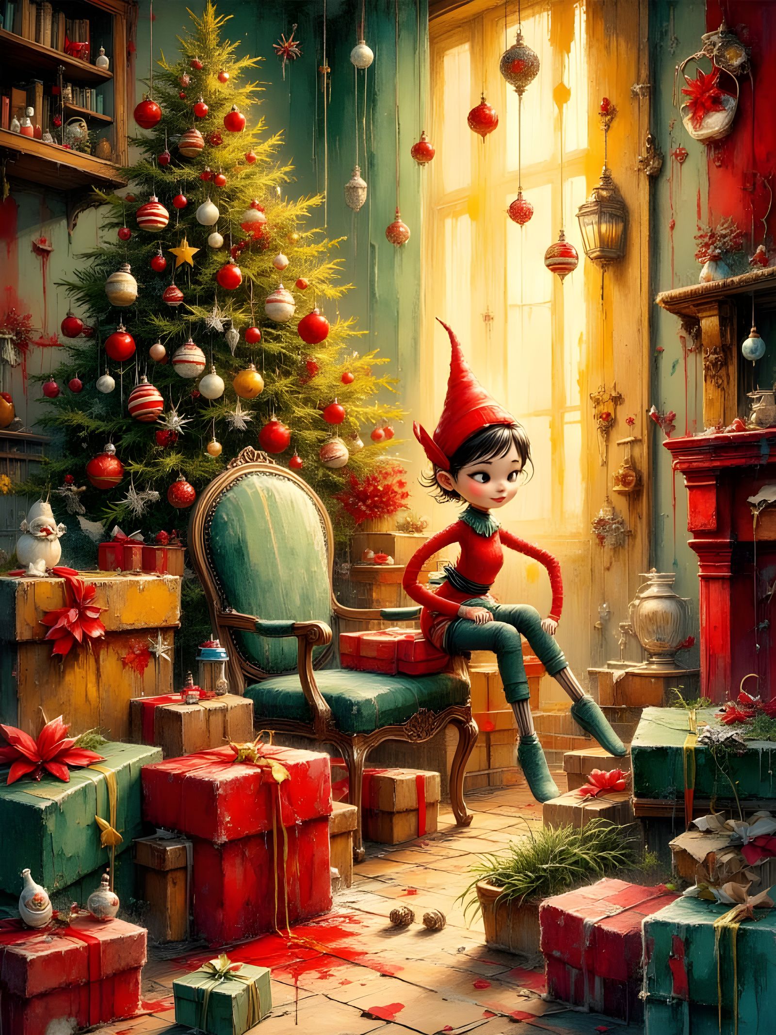 Chaotic Christmas Scene with Ink Poet and Sharp Teeth