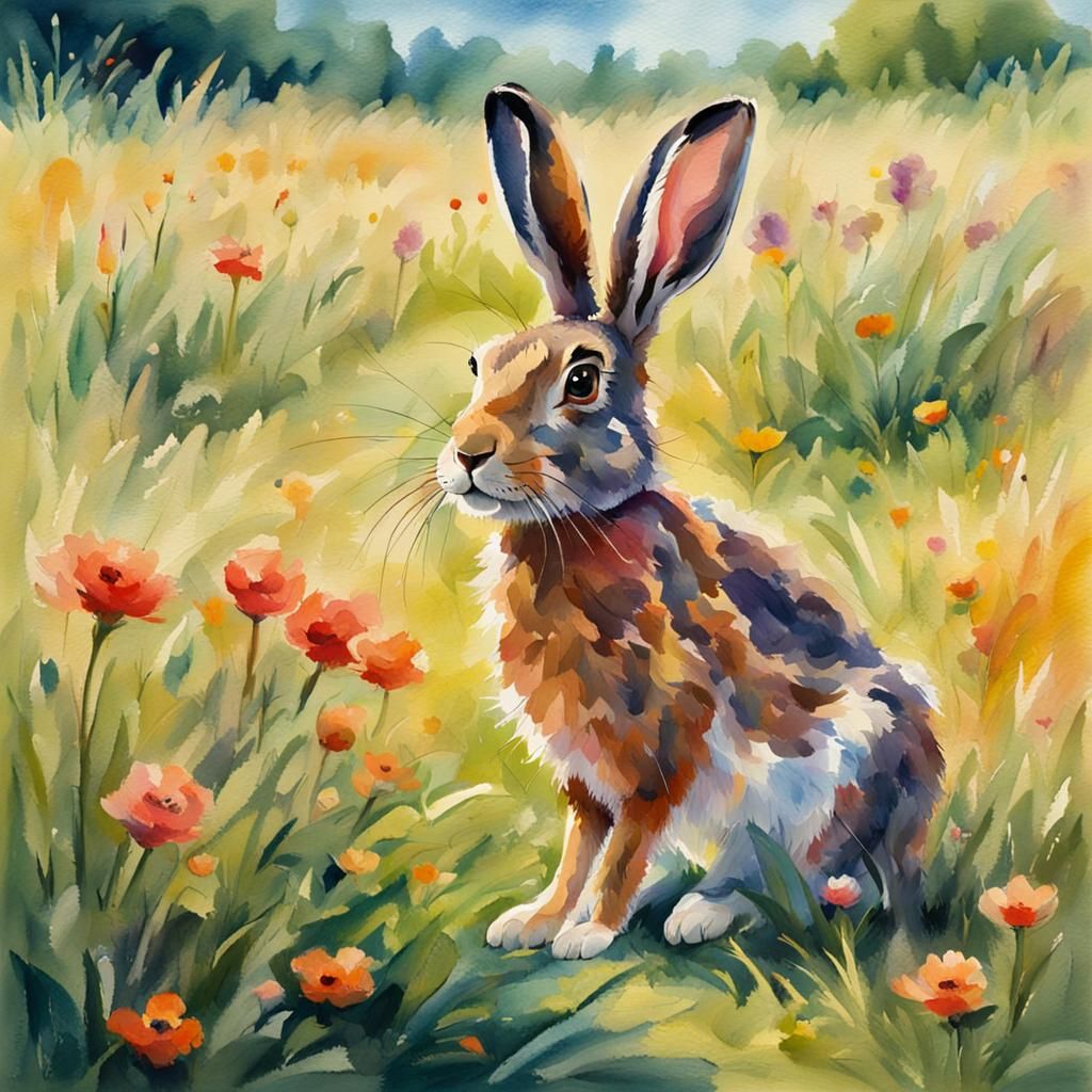 Hare in Summer Field: Gouache Watercolor Painting
