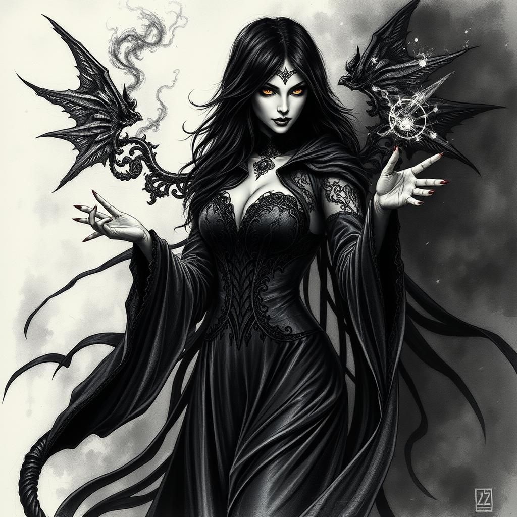 Morrigan Casts Dark Magic in Charcoal Drawing