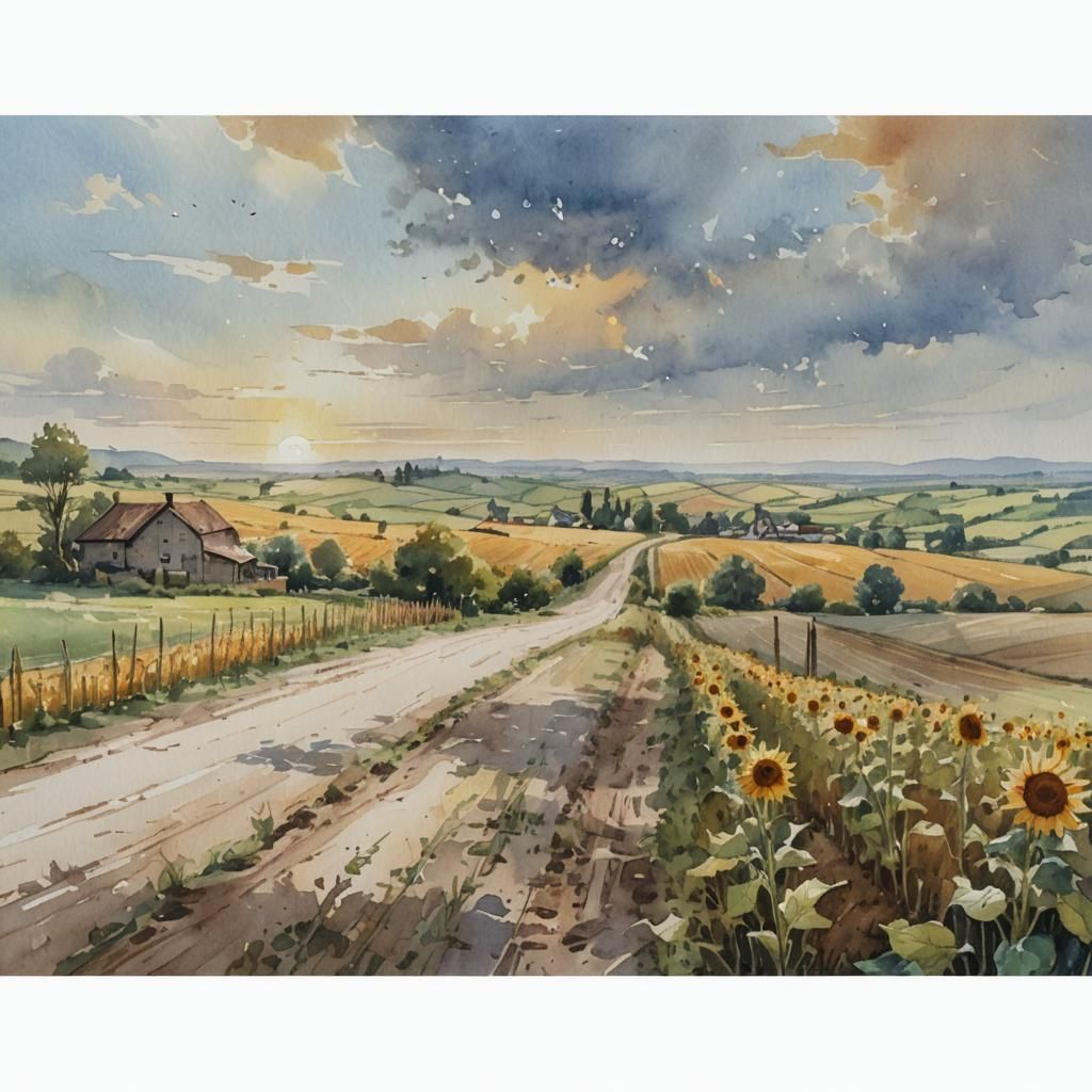 Watercolor Rural Landscape with Sunflowers in Comic Style