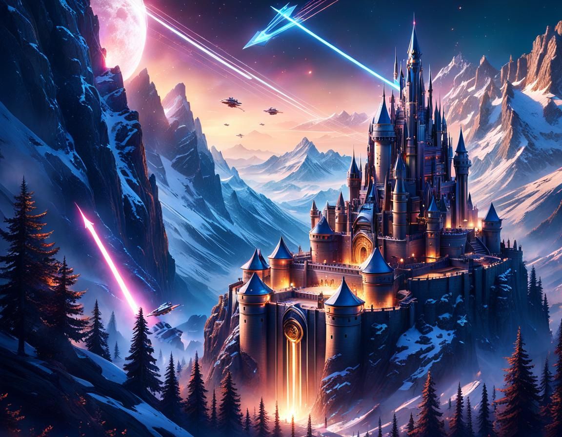 Futuristic Mountaintop Castle Laser Battle at Magic Hour