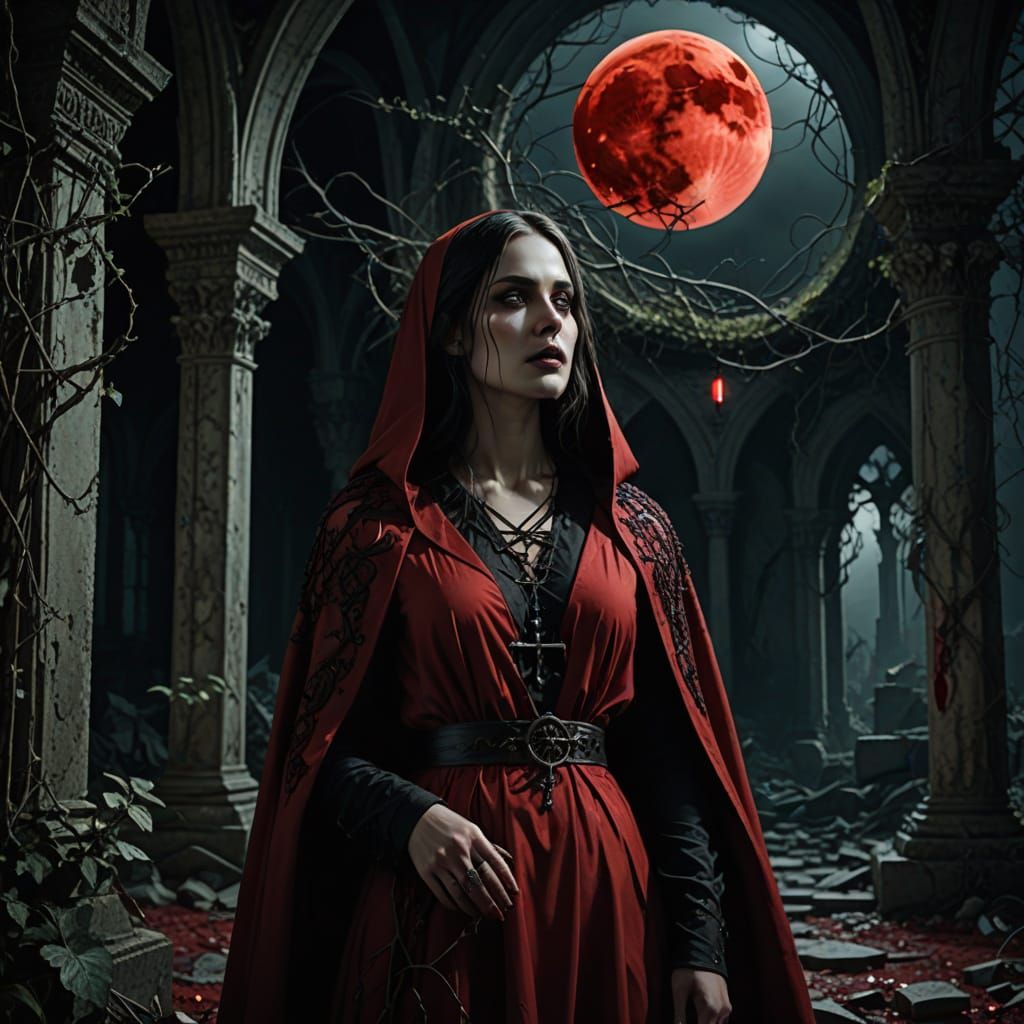 Gothic Priestess in Blood Moon Lit Monastery