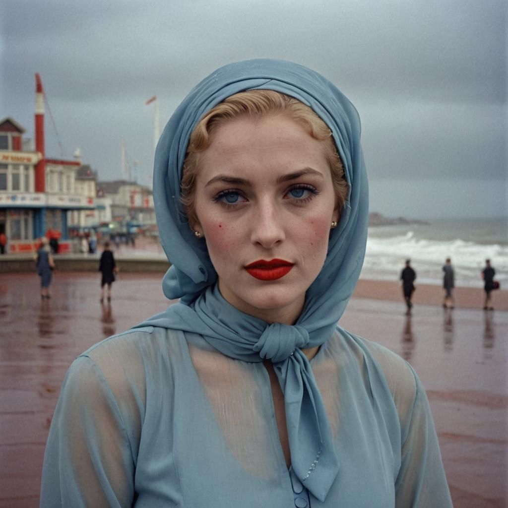 British English Women vivid Red lipstick blue eyeshadow wear...