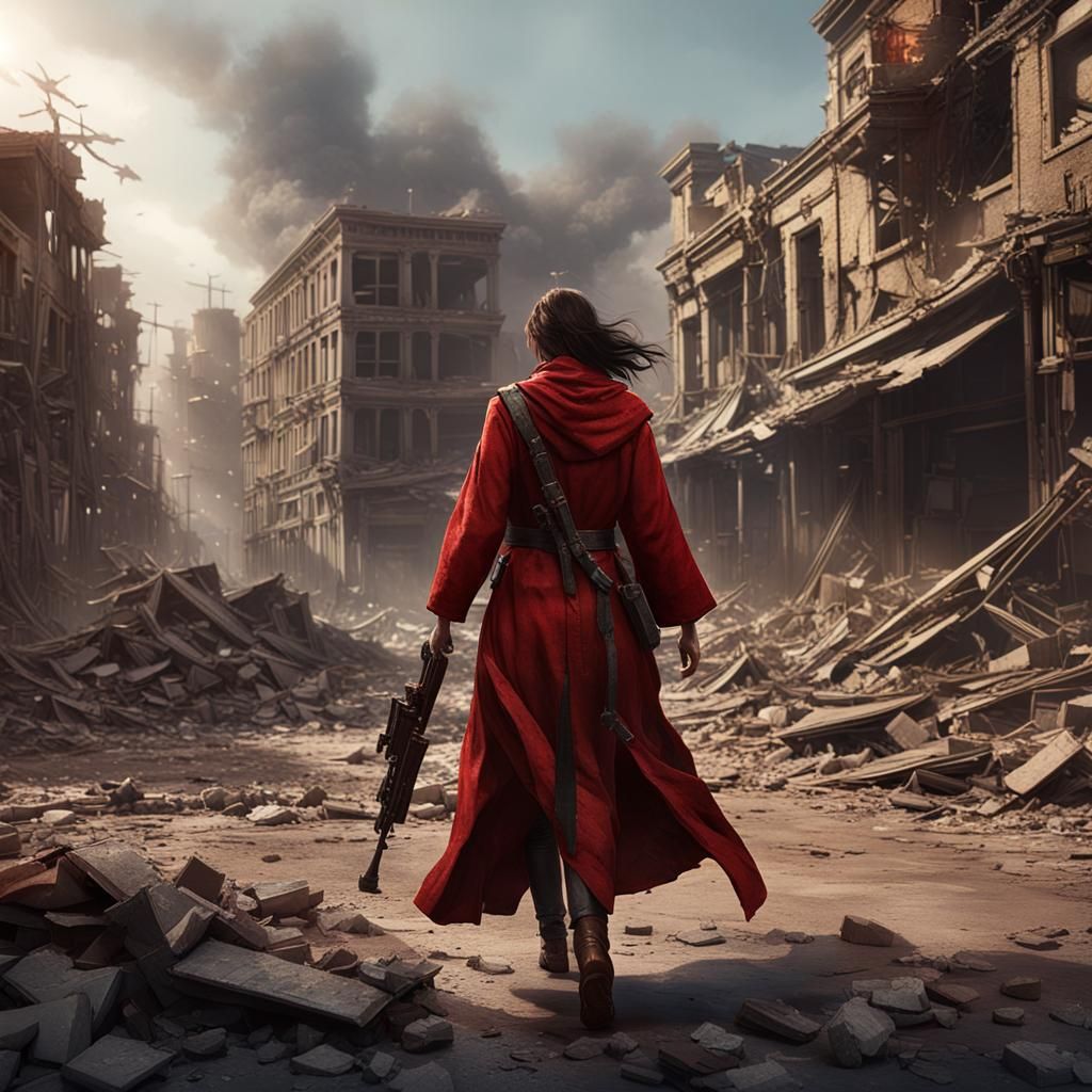 Woman in Red Robe in Battle-Worn City