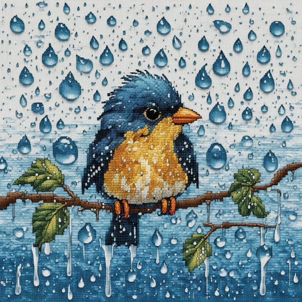 Bird Bathing in Raindrops Cross-Stitch