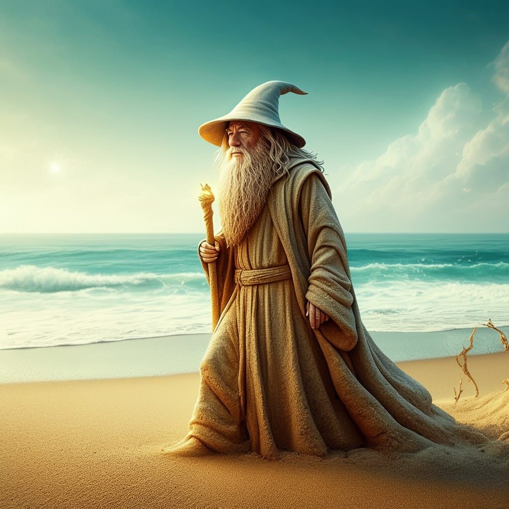 Gandalf Sand Sculpture on a Sunny Beach