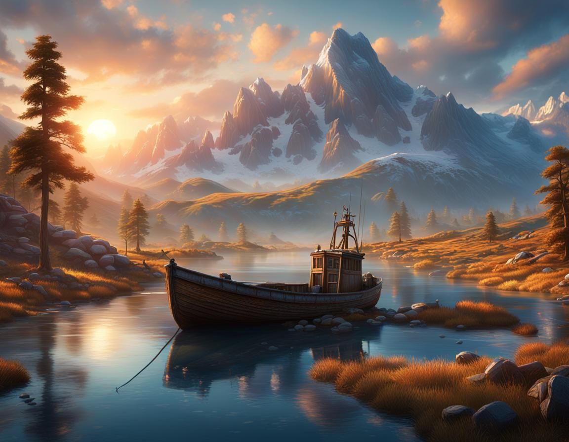 Sunrise Landscape with Lake and Fishing Boat