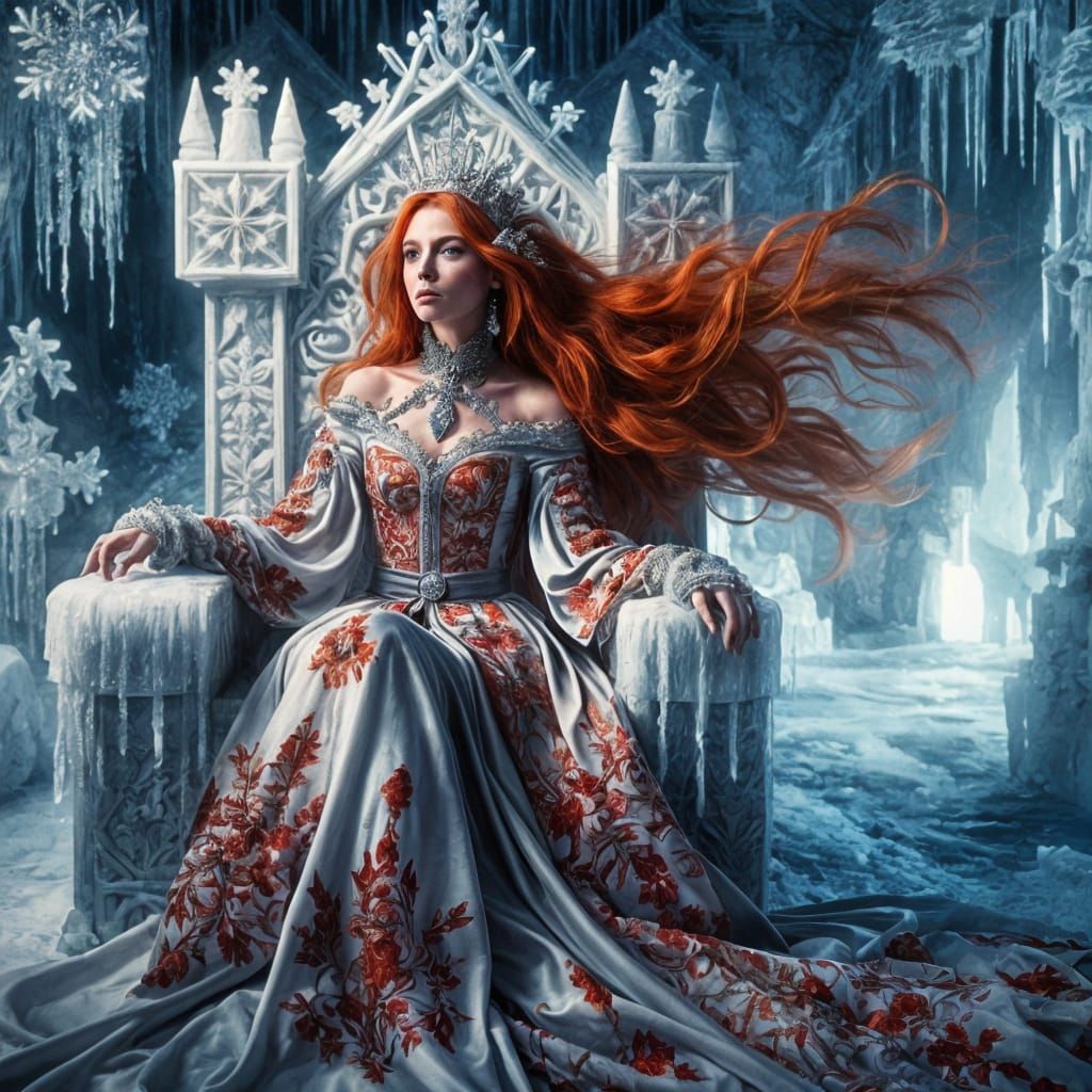 Snow Queen with Red Hair on Ice Throne in Dark Fantasy Style