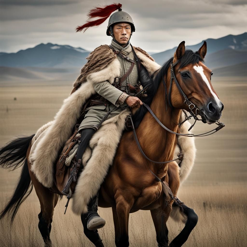Japanese Cavalry Soldier on Mongolian Horse, Professional Po...