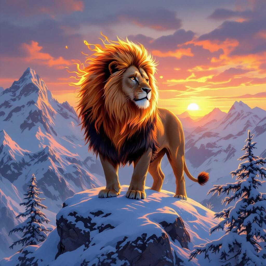 Fiery Lion on Snowy Peak at Sunset