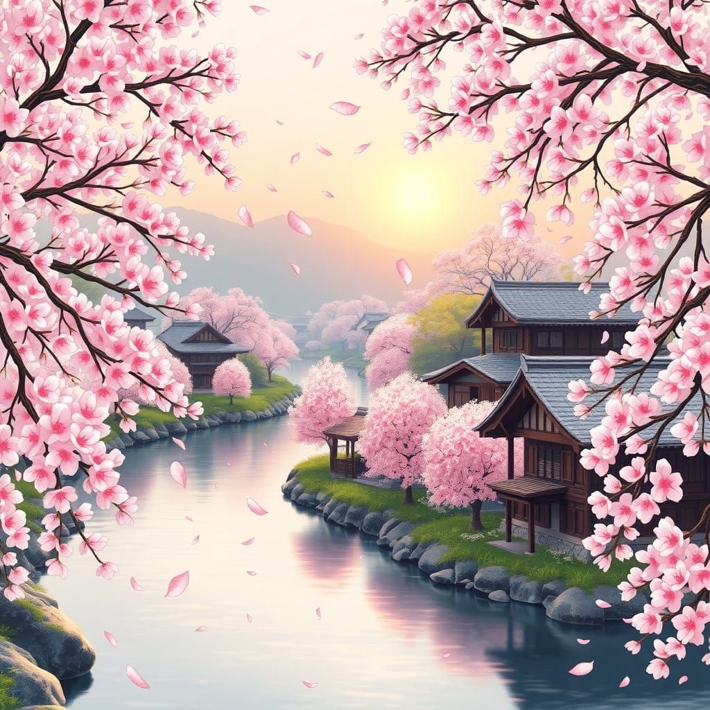 Traditional Japanese Watercolor Village in Cherry Blossom Bl...