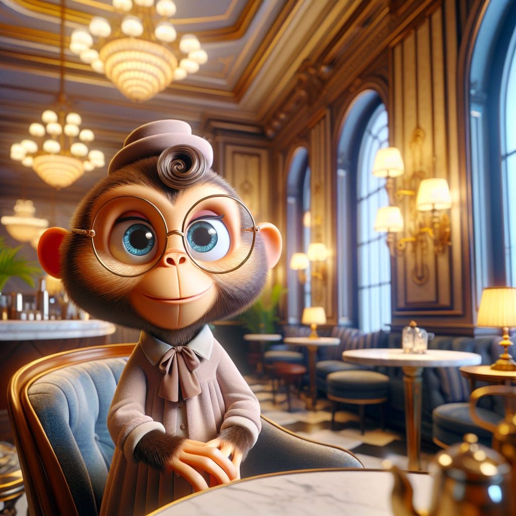 Disney Pixar style 3D adorable monkey wearing glasses and a dress, in a fancy coffee shop setting. The monkey looks char...