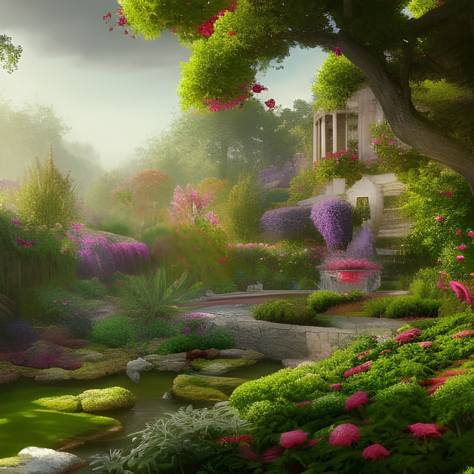 Hyperreal Garden Painting in Detailed Matte Style