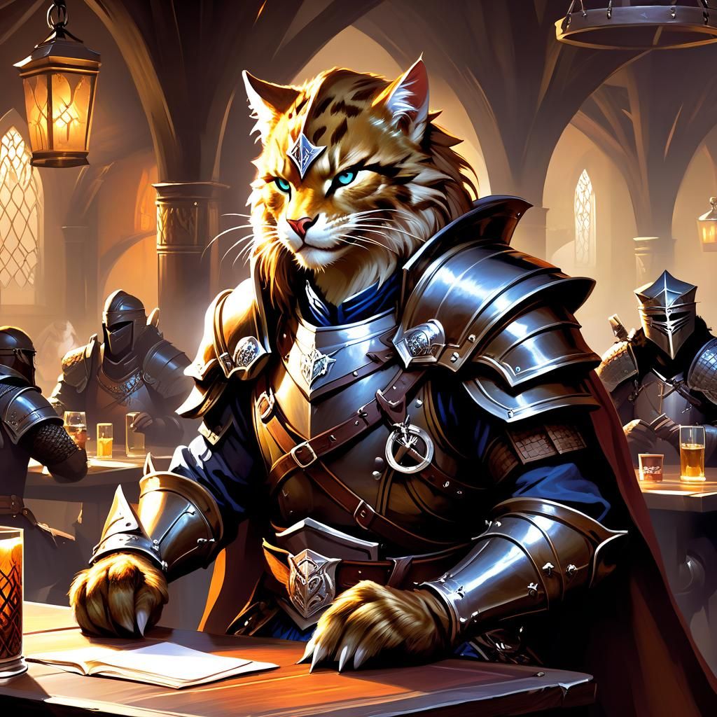 Dragonborn Fighter and Werecat Pet in Tavern