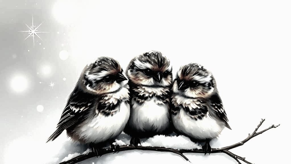 Three sparrows huddle together in Winter