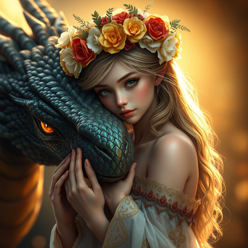 Fantasy Flower Girl and Dragon in Art Nouveau Style