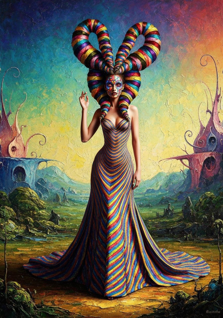 Divine Woman in Surreal Landscape with Fractal Gown