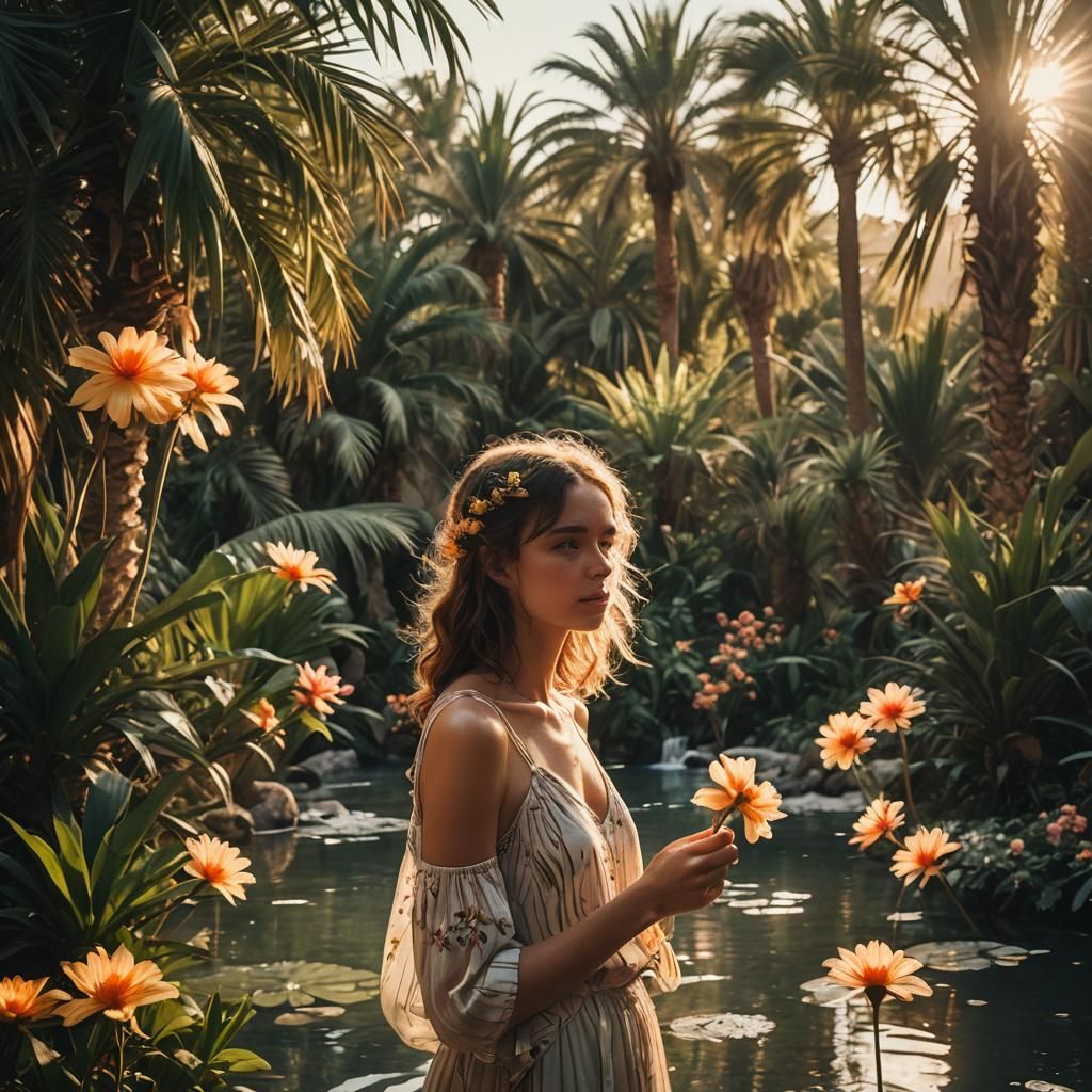 Dreamy Oasis Sunset with Young Woman: Cinematic Film Still