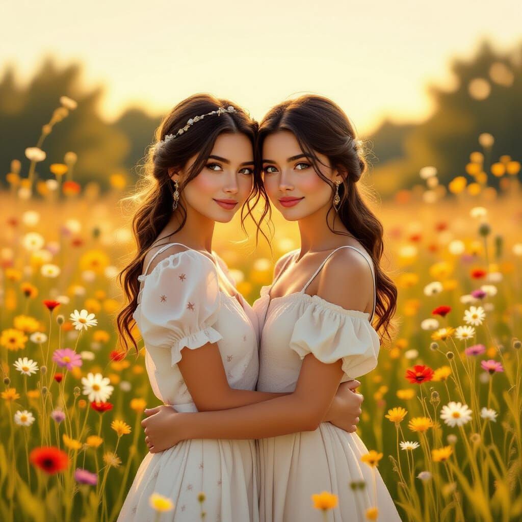 Sisters in Sunlit Meadow, Joyful Glance