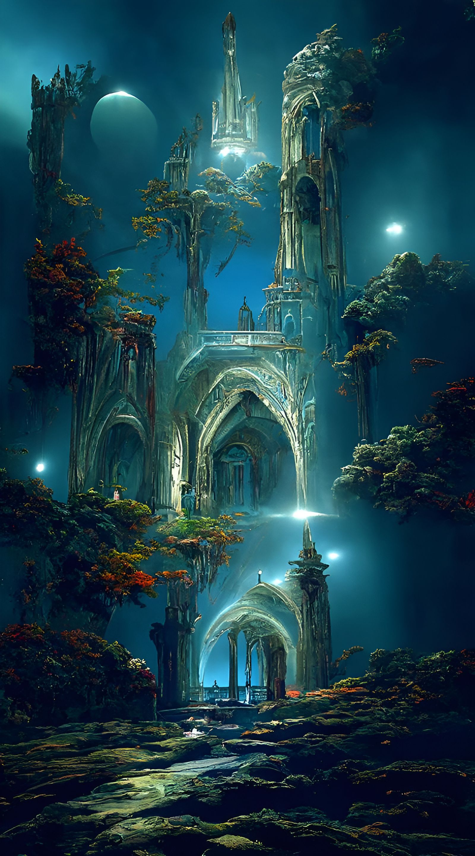Azure and Emerald Cathedral: Sci-Fi Fantasy Concept Art