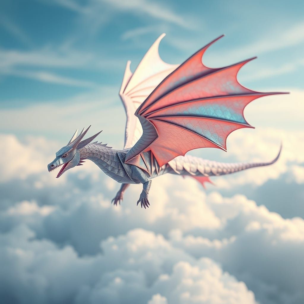 Origami Dragon Soars Through a Dreamy Sky