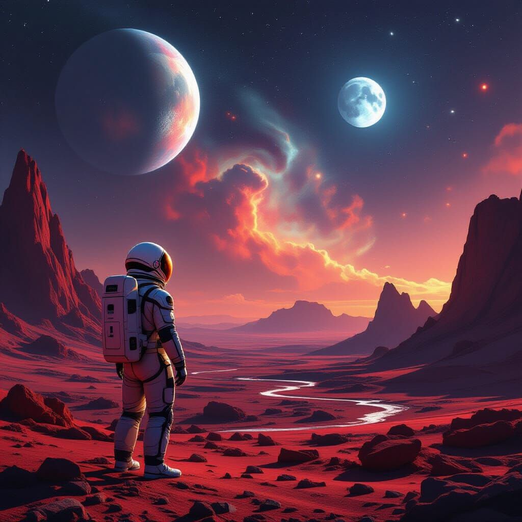 Astronaut on Alien World Gazing at Twin Moons and Nebulae
