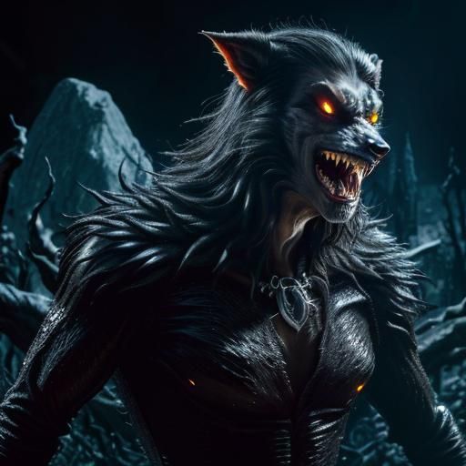 Glowing Vampire-Werewolf Hybrid in Liquid Darkness