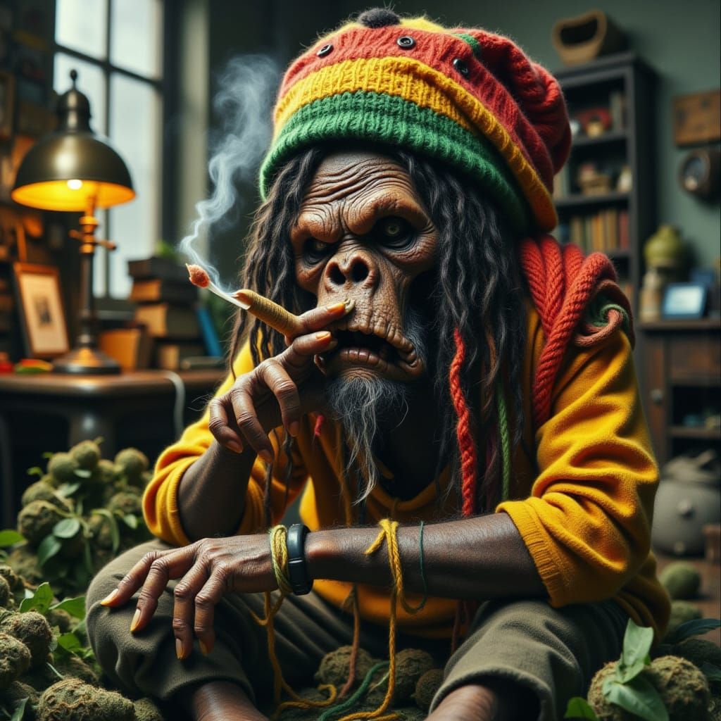 Rastafarian Smoking with Yarn Monster and Grunge Elements
