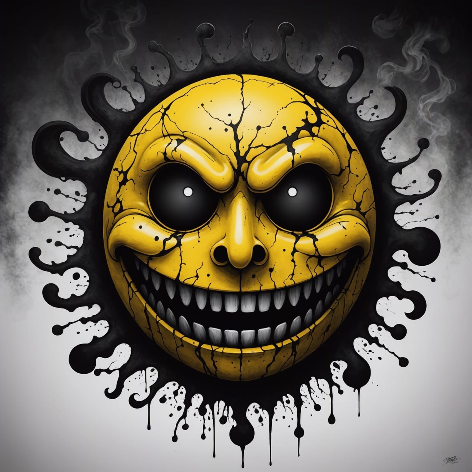Scary Smiley Face in Dark Japanese Ink Art