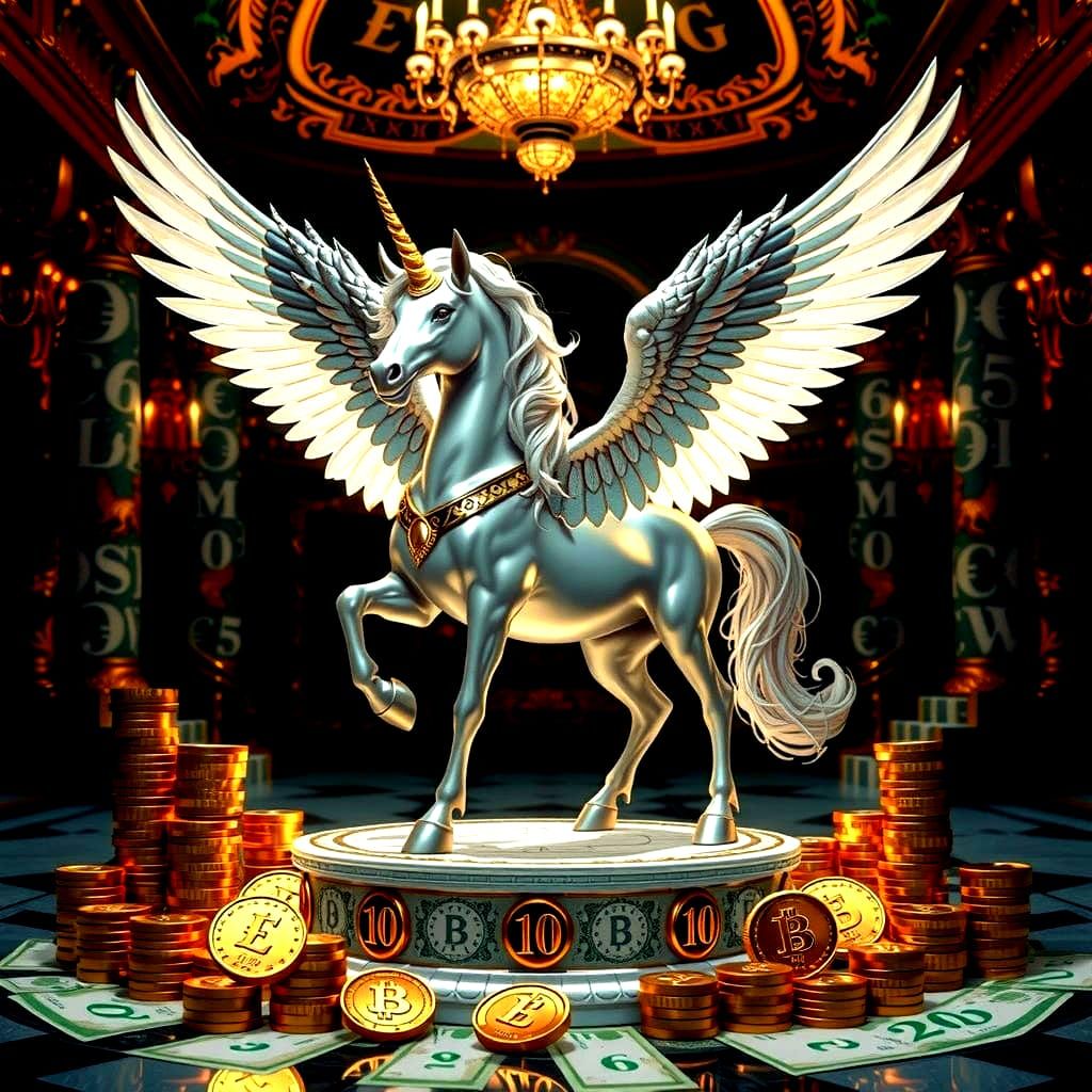 Majestic Unicorn of Gold and Silver in Opulent Hall