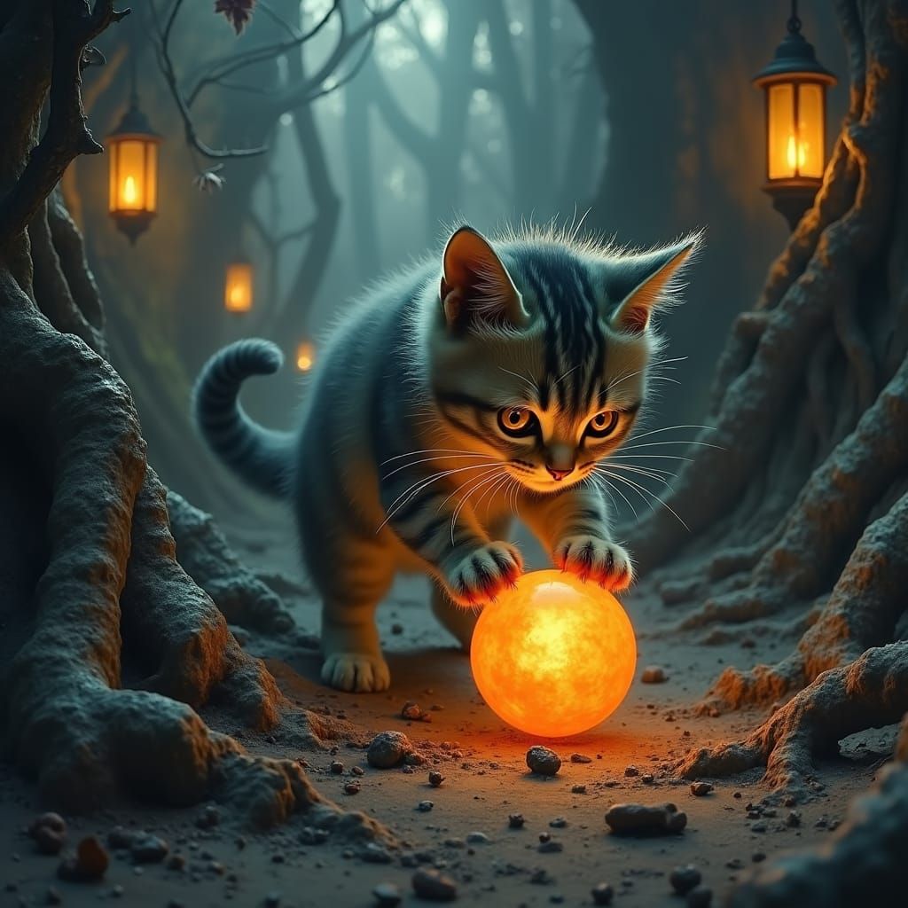 Cat Playing Ball in Gothic Dark Fantasy Style