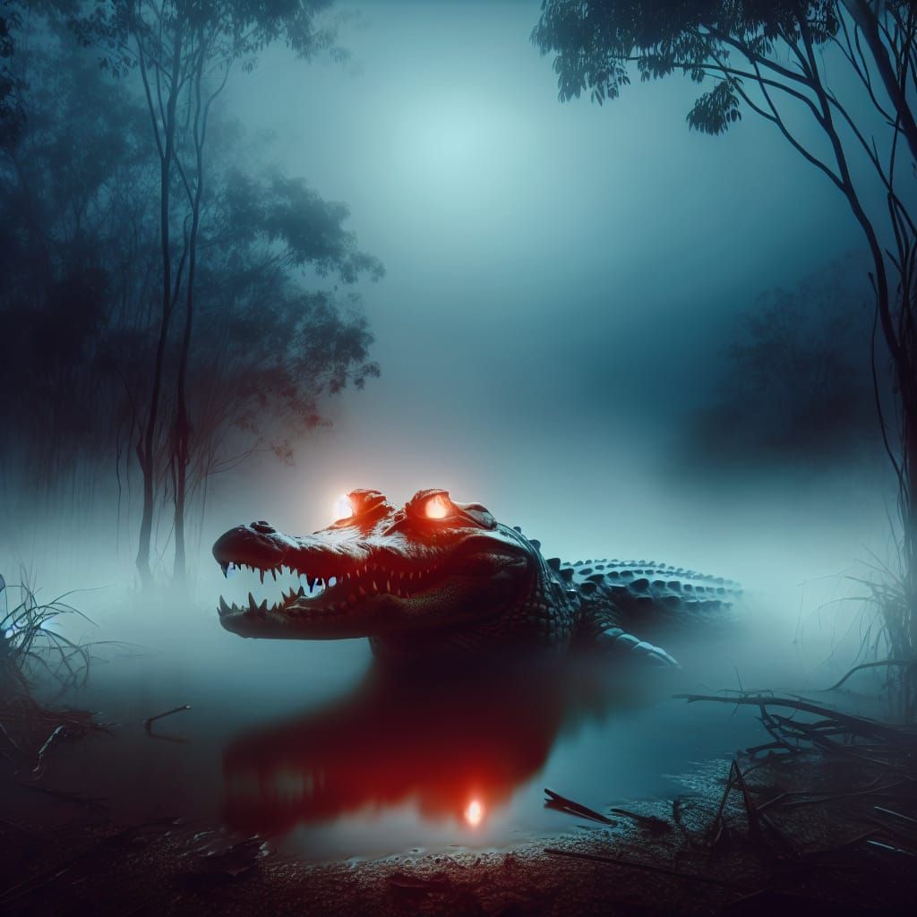 Two-Headed Alligator in a Foggy Swamp at Night